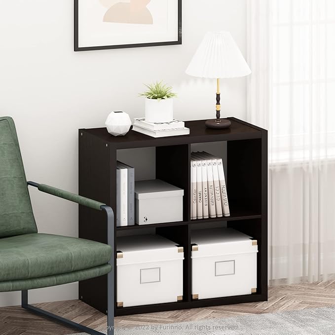 Furinno CUBICLE Book Shelf, 4-Cube Bookself, Thick Frame Bookcase with Reversible Open Back, 14.6 x 30 x 30, for Living Room, Bedroom, Home Office, Black Dark Oak