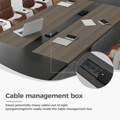 Modern Conference Table with Cable Management, Thickened Top & Trapezoidal Legs – Office Meeting Table for Executive Workspaces (Oak+Gray, 118" L