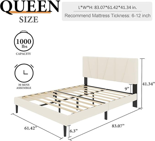 Queen Size Platform Bed Frame with Upholstered Headboard, Wooden Slats Support, Noise Free, No Box Spring Needed, Easy Assembly, Beige, Velvet