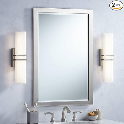 Possini Euro Design Exeter Modern Wall Lights Set of 2 Brushed Nickel Silver Hardwired 4 1/2" LED Fixture White Rectangular Glass Shade for Bedroom Bathroom Vanity Living Room Home Hallway Dining