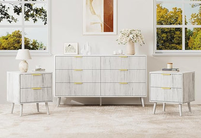 LYNSOM Fluted Dresser and Nightstand Set, 3 Pieces Bedroom Set, 55 Inch Wide 6-Drawer Dresser & 2-Drawer Nightstands Set of 2, Modern Dressers Set for Bedroom, Hallway, White