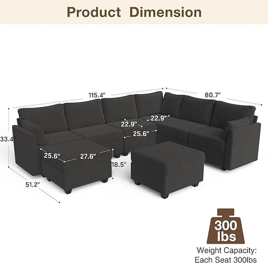 Modular Sectional Sofa Couches, Large Convertible Modular Couches With Storage, 8-Seater Sectional Sofa For Living Room, U Shaped Sectional Couch Sleeper Sofa With Chaise (DarkGrey, 8 Seats)