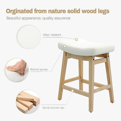 Counter Height Bar Stools Set of 4 for Kitchen Island Modern Barstools with Upholstered Faux Leather Backless Seat and Solid Wood Legs, 24 inch Farmhouse Bar Chairs, White