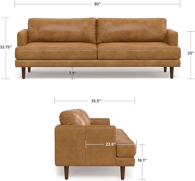 SIMPLIHOME Livingston 90-inch Wide Sofa in Sienna Top Grain Genuine Leather, Handcrafted Mid-Century Modern Couch for Living Room, Large 3-Seater with Feather-Wrapped Cushions and Solid Wood Frame