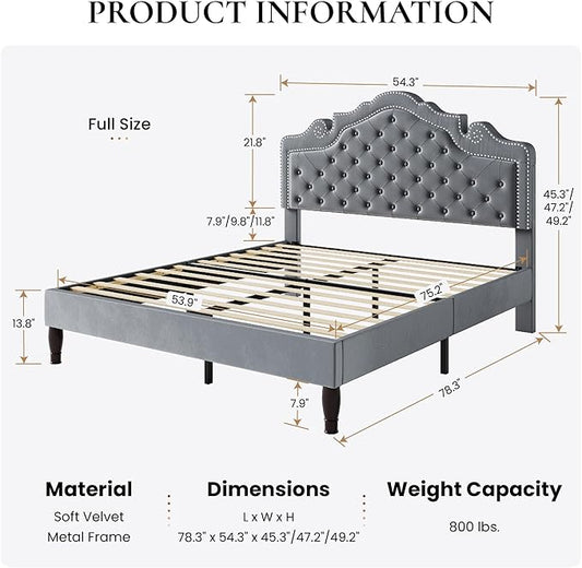SHA CERLIN Full Size Bed Frame with Adjustable Headboard/Velvet Upholstered/Diamond Button Tufted and Metal Studs/No Box Spring Needed/Wooden Slat Support/Easy Assembly/Light Grey