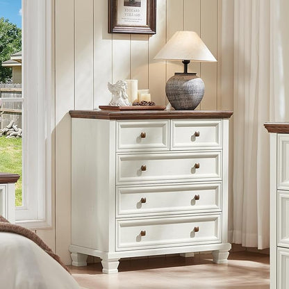 Farmhouse Bedroom Dresser and Nightstand Set of 4, 6 Drawer Tall & 5 Drawers Dresser & 3 Drawer Nightstand Set with Wooden Legs, Rustic Wood Bedroom Furniture for Livingroom, Hallway, White