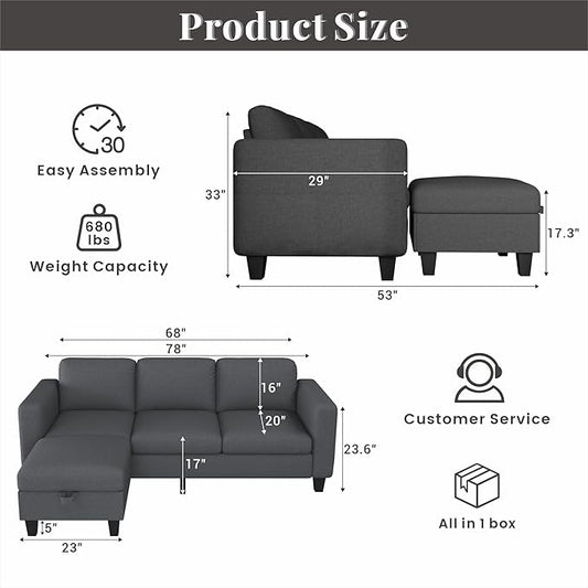 Youmumeub Sectional Sofa Couches for Living Room - Small Living Room L Shaped Pet Friendly Modular 3 Seater Couch-Convertible Washable Covers Suitable for Apartment Bedroom Office-Dark Gray Linen