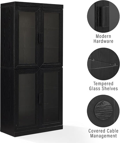 Crosley Furniture Essen Glass Door Kitchen Pantry Storage Cabinet with Doors and Shelves, Living Room, Black