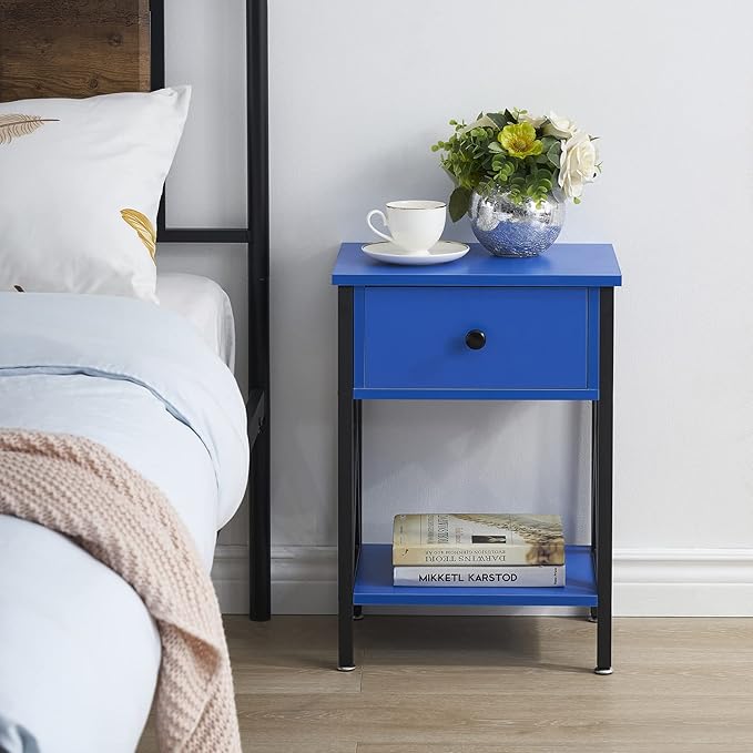 VECELO End Tables, Modern Nightstand with Drawer & Shelf, Night Stand for Bedroom Living Room,Industrial Metal Frame