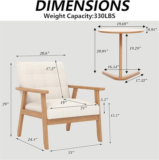 Modern Accent Chair with Wooden Table, Upholstered Linen Fabric Leisure Side Chair with Arm Rest and Wooden Frame for Living Room Bedroom Reading (Beige)