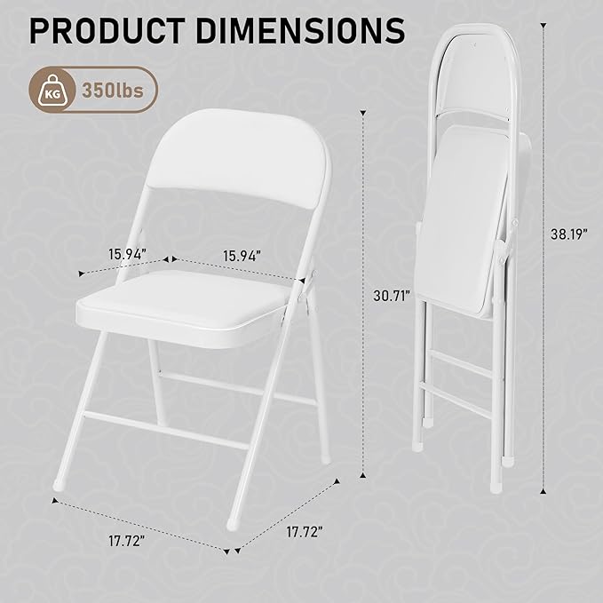 SEALAMB 4 Pack White Folding Chairs with Padded Seats & Cushion, Durable Metal Foldable Chairs for Wedding Party, Commercial Chairs for Office School Church Events, 330lb Capacity (White-PU, 4 Pack)