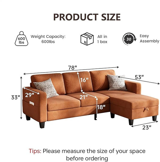 Sectional Sofa and Couches for Living Room, 78'' Orange 3 Seat L-Shaped Couch with Movable Ottoman, Comfy Velvet Convertible Sectionals Sofas with Chaise for Apartment, Office, Small Space