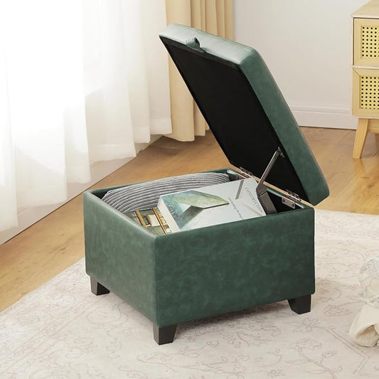 Asense 17 Inch Storage Ottoman Foot Rest,Square Faux Leather Foot Stool,Small Ottoman with Storage,Padded Seat for Entryway,Living Room,Bedroom,Couch,Under Desk,Green