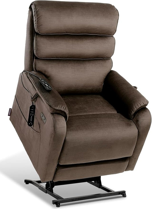 EONIX Dual Motor Lay Flat Power Lift Recliner Chair for Elderly, Chenille Fabric Electric Lift Chairs for Adults, 400lbs Heavy Duty Power Recliner with Heat Massage Charging Ports, Chenille Brown