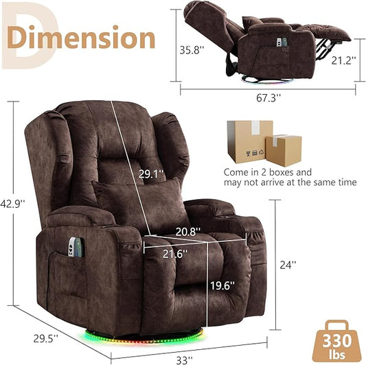 Power Swivel Rocker Recliner Chairs, Electric Wall Hugger Reclining Sofa with Massage & Heat, Comfy Theater Seating Single Chair with LED Light/USB/Type-C Ports (Velvet Brown, Set of 2)