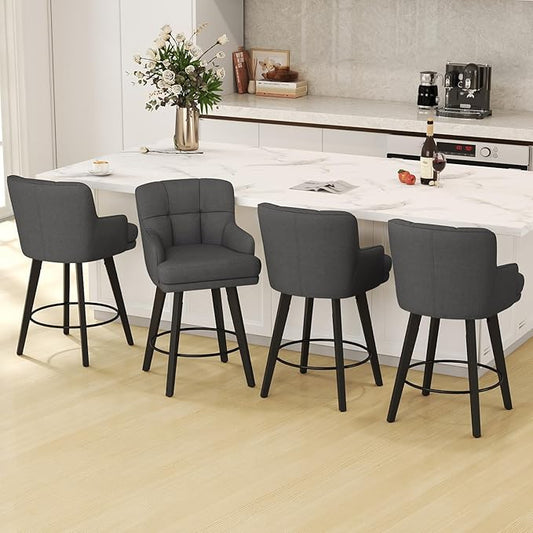 360°Swivel Counter Height Bar Stools with Back, 26 inch Solid Wood Legs, Bar Stool Modern Kitchen Island Chairs, Fabric (Black Grey- Fabric, 26" H- Set of 4)