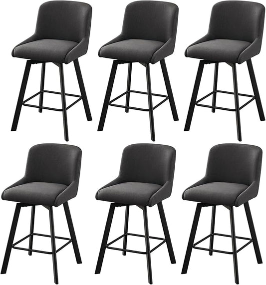 Swivel Counter Height Bar Stools Set of 6, 26''H Upholstered Barstools with Backs, Modern Bar Stool Chairs for Kitchen Island, Metal Legs, Fabric, Black Grey Stools Counter Chair