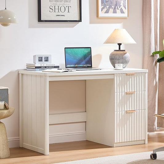 48" Modern Fluted Executive Desk with Storage Cabinet, White Wood Home Office Desk with File Drawer & Metal Handles, Large Computer Writing Table for Office,Study, Living Room, Bedroom