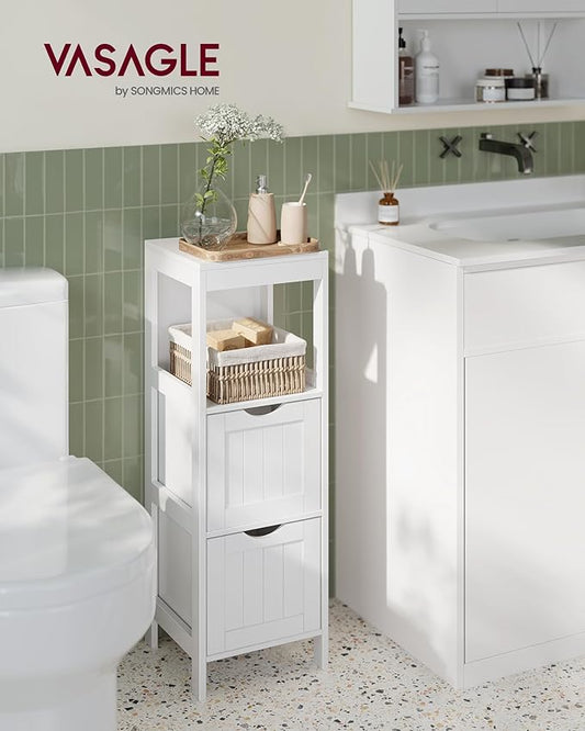 VASAGLE Storage Cabinet, Storage Organizer Rack Stand for Bathroom, Living Room, Bedroom, Multifunctional Corner Unit, 2 Drawers, 35 Inches in Height, White UBBC42WT