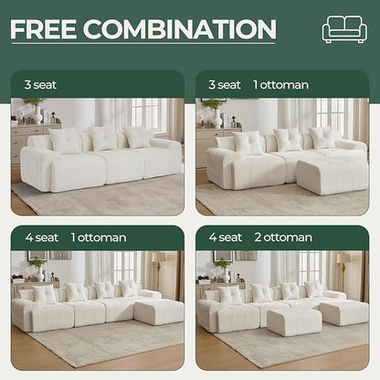 101.65” Modular Sectional Couch for Living Room, Modren L-Shape Cloud Sectional 3-Seater Sofa with Movable Ottoman, Woven Texture Upholstery Boneless Couch, No Assembly Grey, Beige