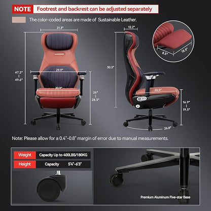 EMIAH Ergonomic Office Chair with Foot Rest Electric Reclining Office Chair with Adjustable Headrest, 8D Coordinated Armrests High Back Computer Chair with Lumbar Support（Red）