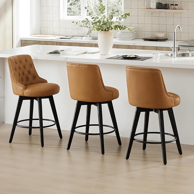 Watson & Whitely Counter Height Bar Stools, Faux Leather Upholstered Modern Swivel Barstool with Back, Solid Wood Legs, 26" H Seat, Cognac
