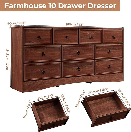 Farmhouse 10 Drawer Dresser for Bedroom – 63'' Long Dresser Wood Chest of Drawers,TV Stand for 75 inch TV, Storage Organizer Furniture, Hallway, Entryway, Closet, Cherry Wood