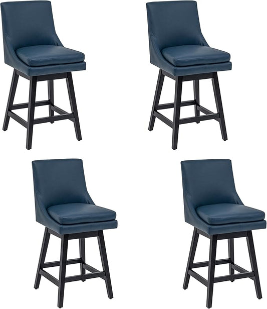 Bar Stools Set of 4, PU Leather Barstools, 26 Inch Upholstered Counter Stools with 14.2" High Back and Footrest, Swivel Counter Height Barstools for Kitchen Island Home Bar Navy Blue