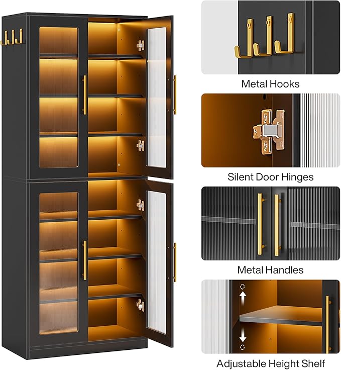 Tribesigns Black Shoe Storage Cabinet with Acrylic Doors and LED Lights, 8-Tier Tall Entryway Shoe Organizer Rack with Adjustable Shelves & Hanging Hooks for Narrow Closet, Hallway, Living Room
