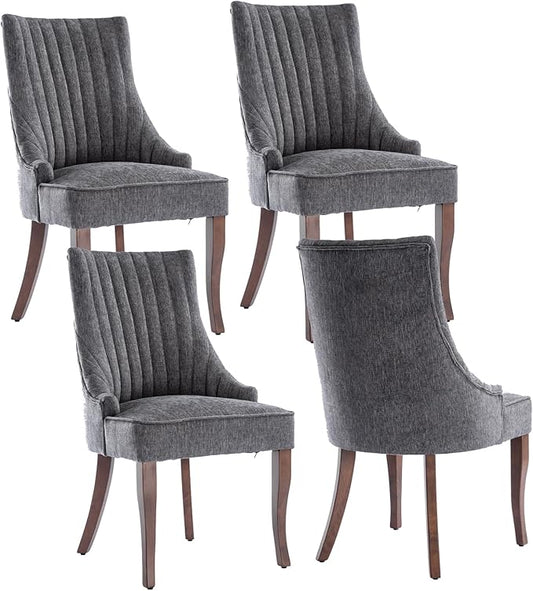 mikibama Linen Dining Chairs Set of 4 Channel Tufted Kitchen Dinner Chair Comfy Fabric Upholstered Accent Chair for Dining Room with Solid Wood Legs (Grey 4pc)