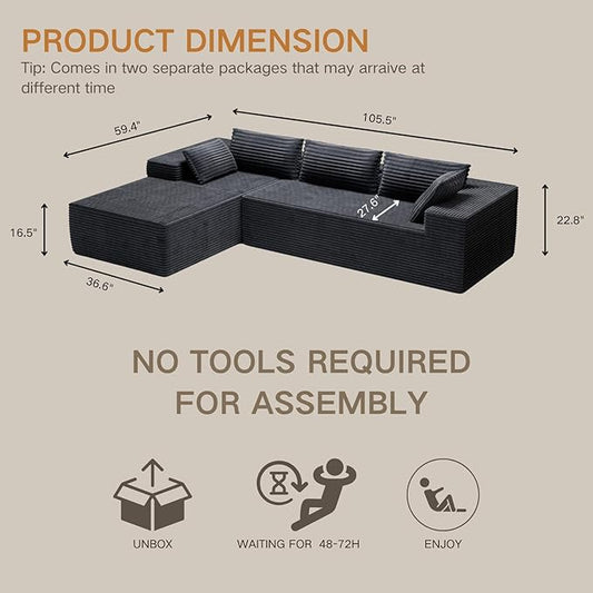 Kingdura 105.5'' Cloud Sectional Couch with L-Shape Chaise, Black Modern Modular Sofa with Deep Seat, Corduroy Fabric, No Assembly Required, Upholstered Couches for Living Room Bedroom