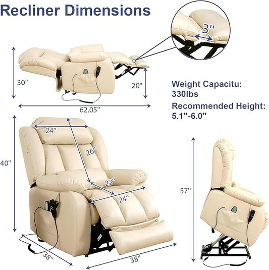 MAEVIS Large Genuine Leather Power Lift Recliner Chair, Dual Motor Recliner for Elderly,Extended Footrest and Lumbar Pillow for Tall Man,with Heat and Massage, USB and Type-C Ports(Beige)