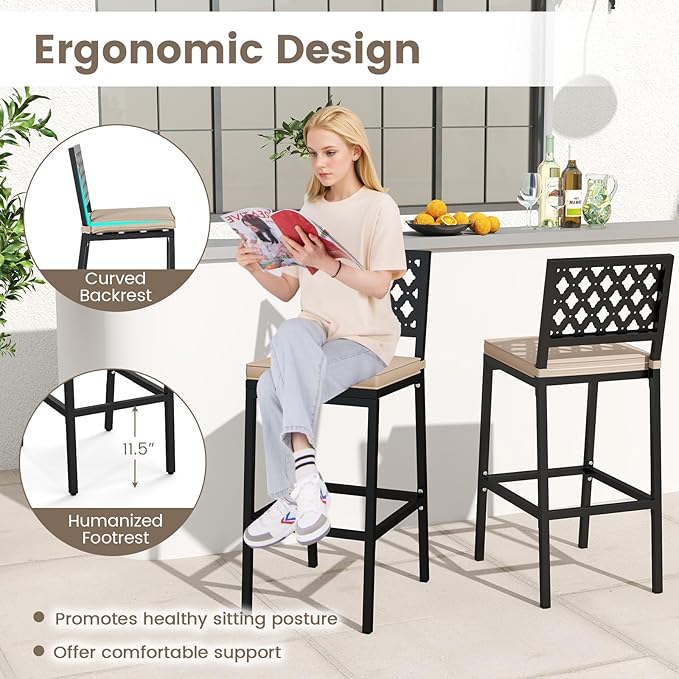 COSTWAY Outdoor Bar Chairs Set of 2, Armless Heavy-Duty Metal Frame Counter Height Chairs with Removable Cushions, Footrest, Ergonomic Backrest, Upholstered Barstools for Patio, Poolside, Backyard