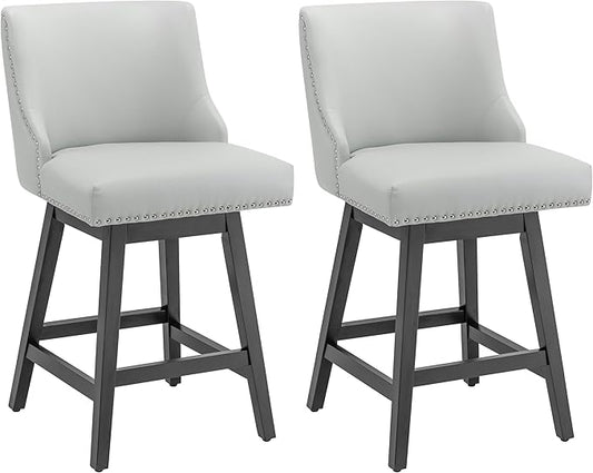 Bar Stools Set of 2, PU Leather Barstools, 26 Inch Upholstered Counter Stools with 13.8" High Back and Footrest, Swivel Counter Height Barstools for Kitchen Island Home Bar Light Gray