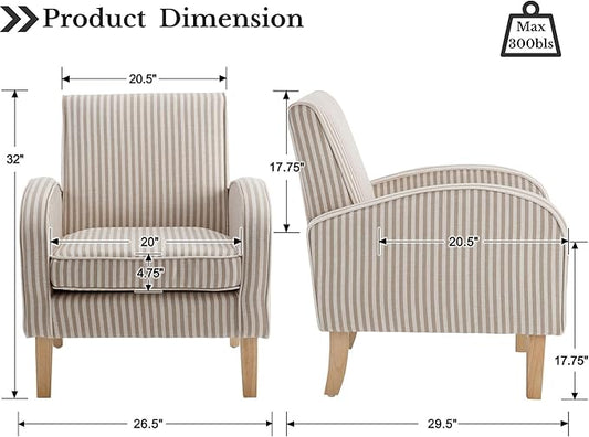 Farmhouse Striped Accent Chair for Living Room Set of 1, Linen Fabric Modern Comfy Armchairs with Cushion, Upholstered Striped Reading Chairs for Bedroom Couch Chair with Wood Legs, Khaki