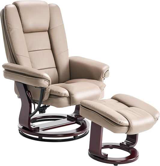 Argus Swivel Recliner with Ottoman, PU Leather & Wood Base Reclining Chair with Footrest, Ultra-Plush Double Foam for Living Room, Bedroom and Office