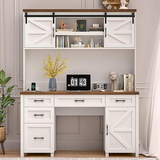Farmhouse 67" H Executive Desk with Hutch,Office Desks with 5 Drawers, Computer Desk with Storage Cabinet & File Drawers and Charging Station, Wood Workstation for Home Office,Study.(Unique White).