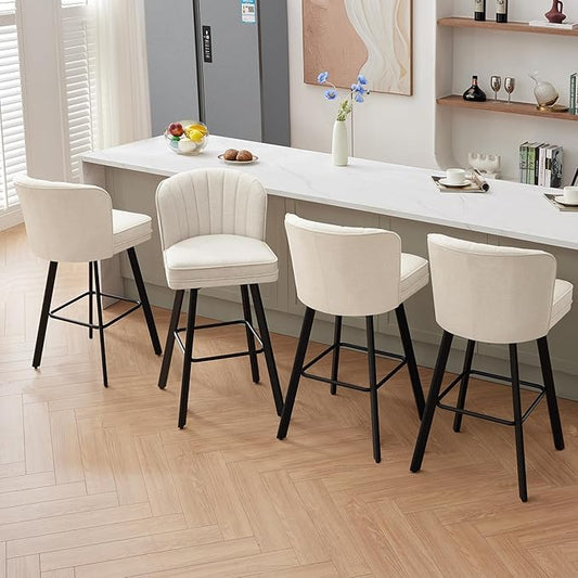 Swivel Counter Height Bar Stools Set of 4, 30'' Modern Barstools with Backs and Metal Legs, Upholstered Bar Chairs, Beige, Fabric Stools for Kitchen Island Chairs