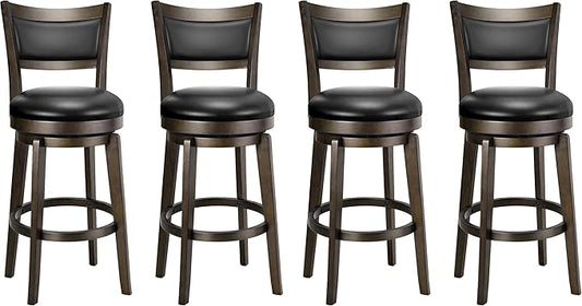PrimeZone Swivel Bar Stools Set of 4, 26 Inch Counter Height Barstools, Black Faux Leather Bar Stool with High Backrest & Solid Wood Legs & Wrap-around Footrest, Counter Stools for Kitchen Island, Pub