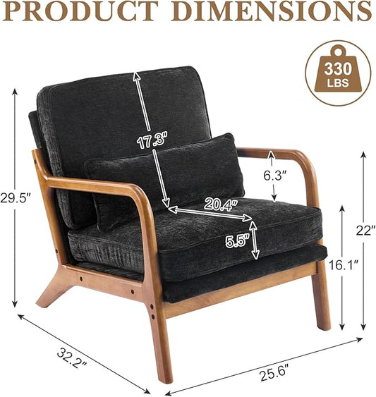 Karl home Mid Century Modern Accent Chair with Lumbar Pillow & Oak Arms – Plush Chenille Living Room Chair for Bedroom, Lounge (Black)