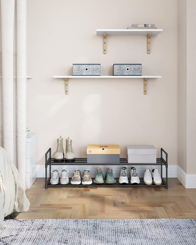 SONGMICS Shoe Rack, 2-Tier Shoe Organizer, Metal Storage Shelf, Upright or Upside Down, for 15-18 Pairs, Stackable, for Entryway, 11.8 x 46.1 x 13.4 Inches, Black ULSA032B01