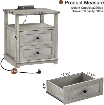 HIFYOBRO End Table with 2 Drawers and Charging Station, Type-C & USB Port & Power outlets, Wooden Storage Cabinet, Large Side Table with Storage for Living Room and Bedroom