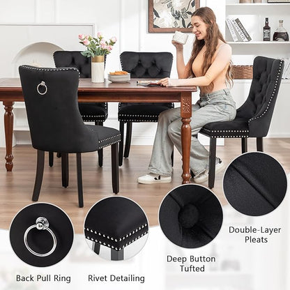 Velvet Dining Chairs Set of 4, Upholstered Dining Room Chairs with Nailhead Ring Pull Trim, Button Tufted Wing Back Chairs for Dining with Solid Wood Legs for Kitchen Dining Room(Black)