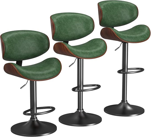 Bar Stools Set of 3, Bar Stools for Kitchen Island with Bentwood Back and Leather Seat, Swivel Bar Stools for Kitchen Counter, Bar, Green