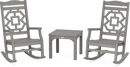 Martha Stewart by POLYWOOD Chinoiserie 3-Piece Outdoor Rocking Chair Set with Patio Side Table, Slate Grey, HDPE All-Weather Furniture, Classic Porch Rockers for Deck, Garden & Backyard, Made in USA