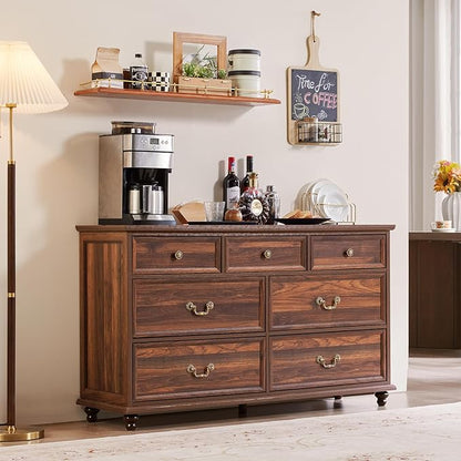 Farmhouse Dresser and Nightstand Sets, Wooden 7 Drawers Dresser & 24" Night Stand with 3 Drawers, 2 Piece Bedroom Furniture Set, Chest of Drawers for Bedroom, Home, Living Room, Hallway