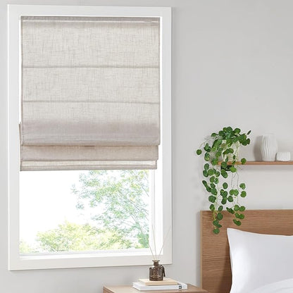 Madison Park Kyler Cordless Roman Shades - Single Panel, Lightweight Linen Blend Fabric, Natural Design, Easy Installation, Light Filtering Window Blind, Bedroom, Living Room Decor 29"W x 64"H Natural