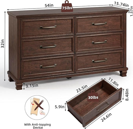 Farmhouse Espresso 6 Drawer Dresser for Bedroom, 54 inch Wide Vintage Large Chest of Drawers with Wood Legs, Rustic TV Console for Living Room, Walnut Wooden Storage Closet Dressers
