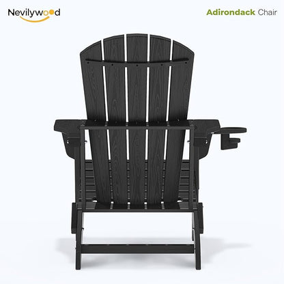 nevilywood Folding Adirondack Chair with Cup Holder Set of 4, HDPE Patio Chairs,All-Weather Outdoor Chairs for Backyard, Deck,Fire Pit-Black