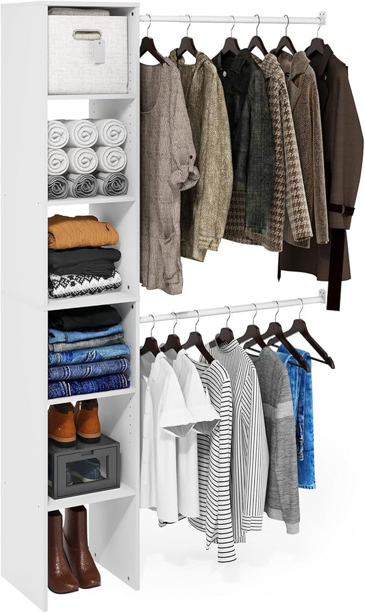 Furinno FANO Closet Organizers and Storage, Closet Storage Organizer with 2 Hanging Bars, Wardrobe Closet Shelf Towers, for Wardrobe, Bedroom, Living Room, White